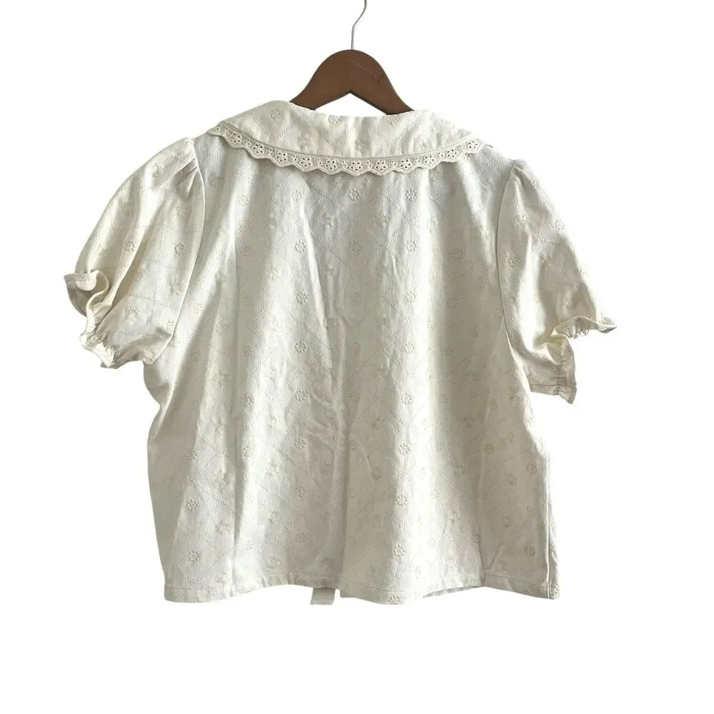 Caroline Constas Eyelet Denim Puff Sleeve Top Short Twin Set S Cream Costal NWT